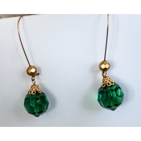 Vintage Green Glass Bead Earrings Gold Tone 3" Drop Dangle Statement Retro - Picture 6 of 8